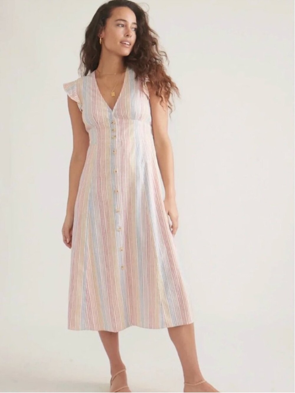 Marine Layer Stripe Button-Front Camila Hemp Midi Dress Size Medium